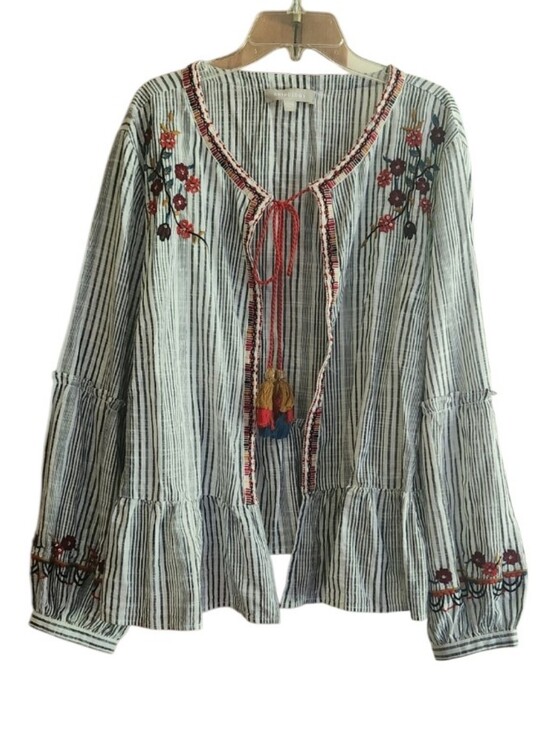 Anthology Tops - Anthology Boho Striped Embroidered Peasant Tunic with Tassel Tie